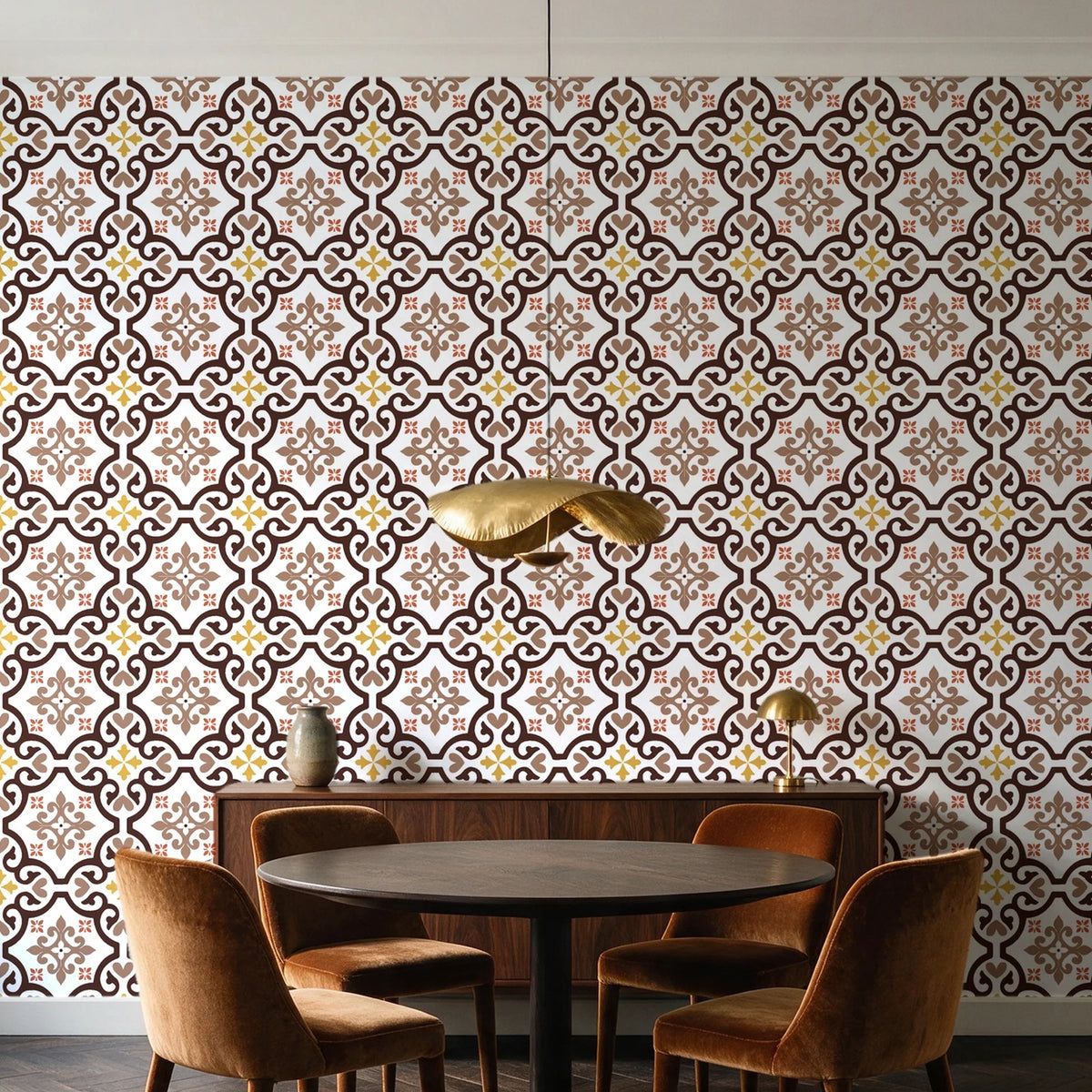 Andalusian Court Terracotta encaustic tile wallpaper behind a walnut credenza and round table in an elegant dining room