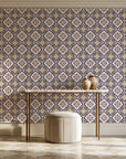 Andalusian Court Terracotta encaustic tile wallpaper on the wall of a grand entry foyer