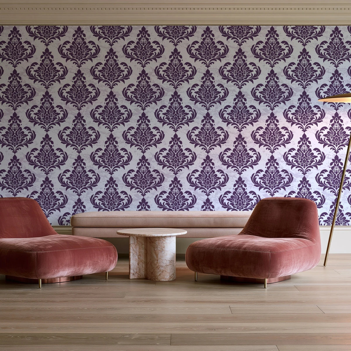 Antique Fern Mist Aubergine distressed damask wallpaper in a boutique hotel sitting area