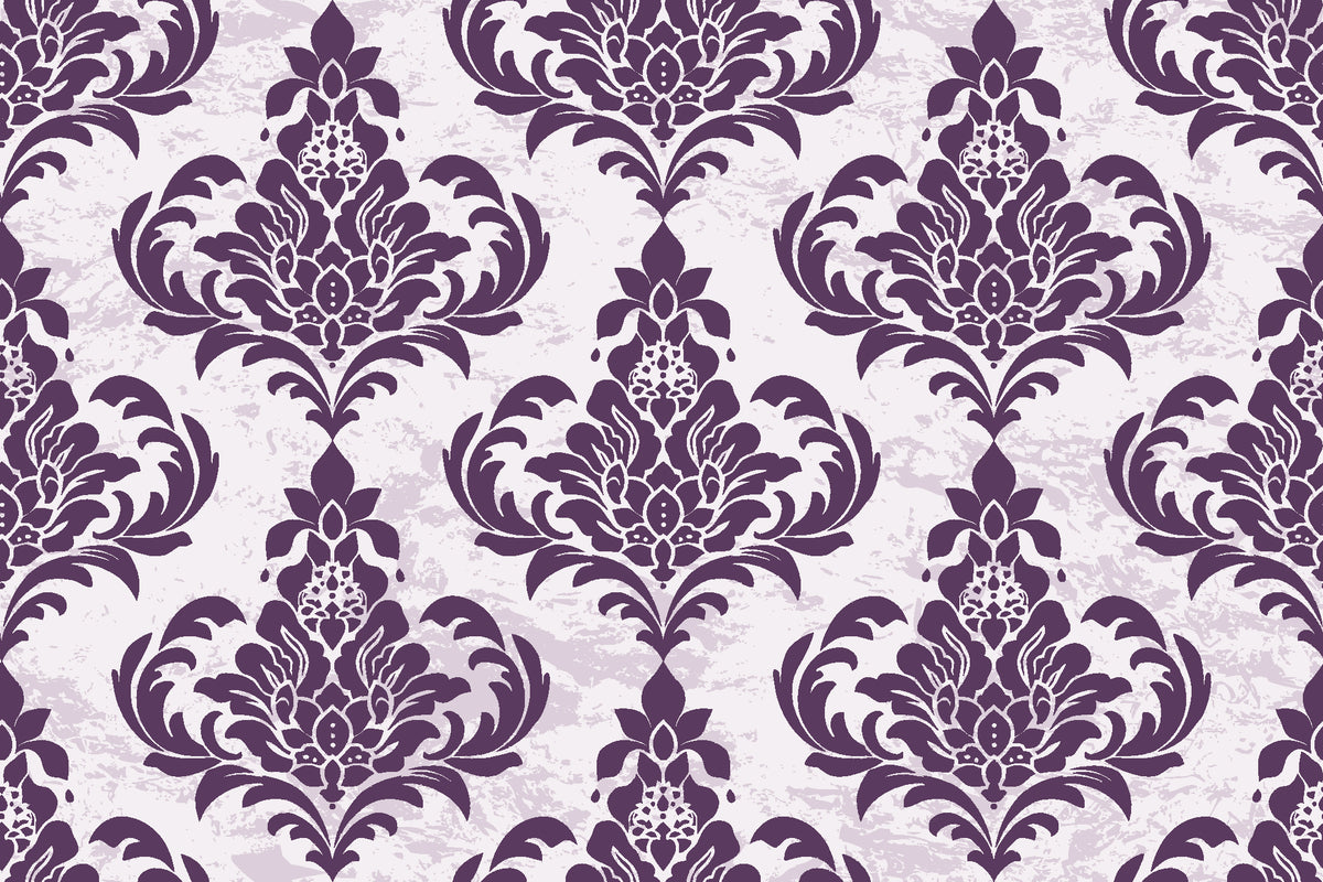 Antique Fern Mist Aubergine distressed damask wallpaper in aubergine and mist