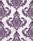 Antique Fern Mist Aubergine distressed damask wallpaper in aubergine and mist