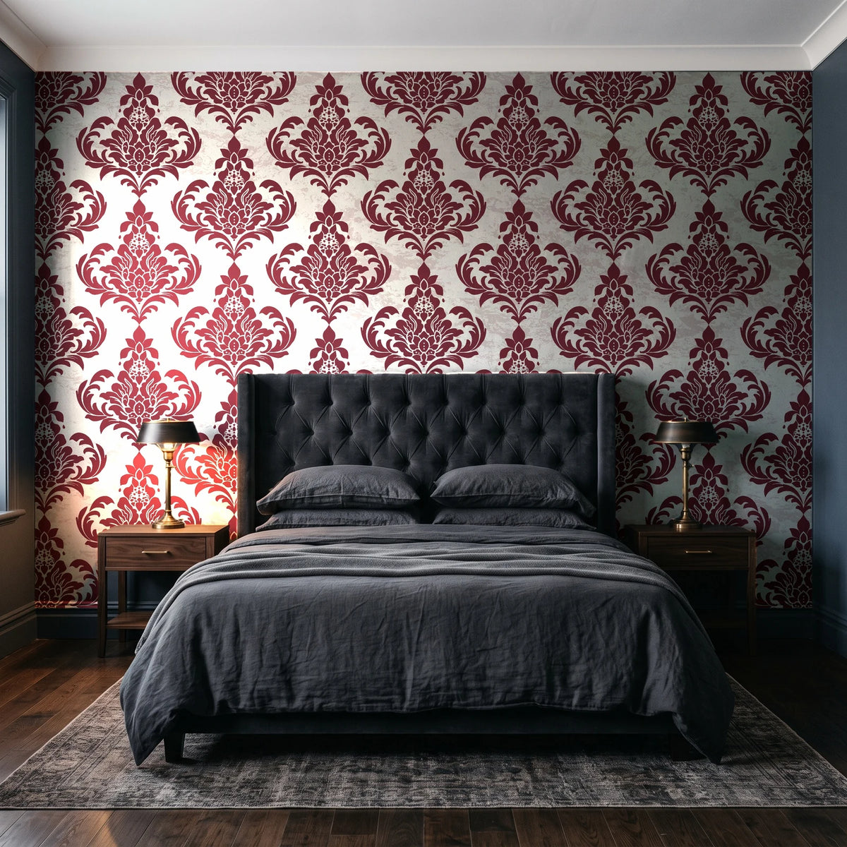 Antique Fern Mist Garnet distressed damask wallpaper behind a tufted headboard in a dark, moody bedroom