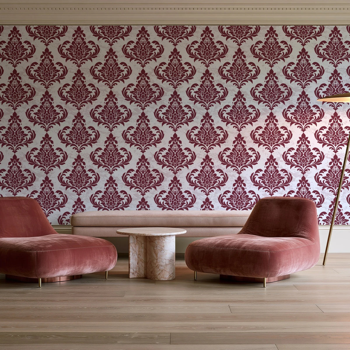 Antique Fern Mist Garnet distressed damask wallpaper in a boutique hotel sitting area