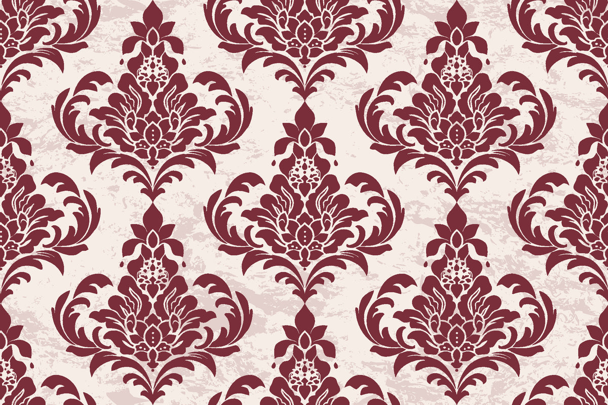 Antique Fern Mist Garnet distressed damask wallpaper in garnet and blush