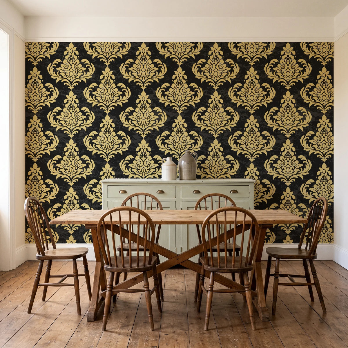 Antique Fern Mist Gilt distressed damask wallpaper in a farmhouse dining room with a sage sideboard and rustic trestle table