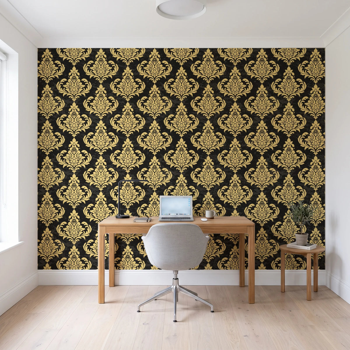 Antique Fern Mist Gilt distressed damask wallpaper behind a modern oak desk in a bright home office