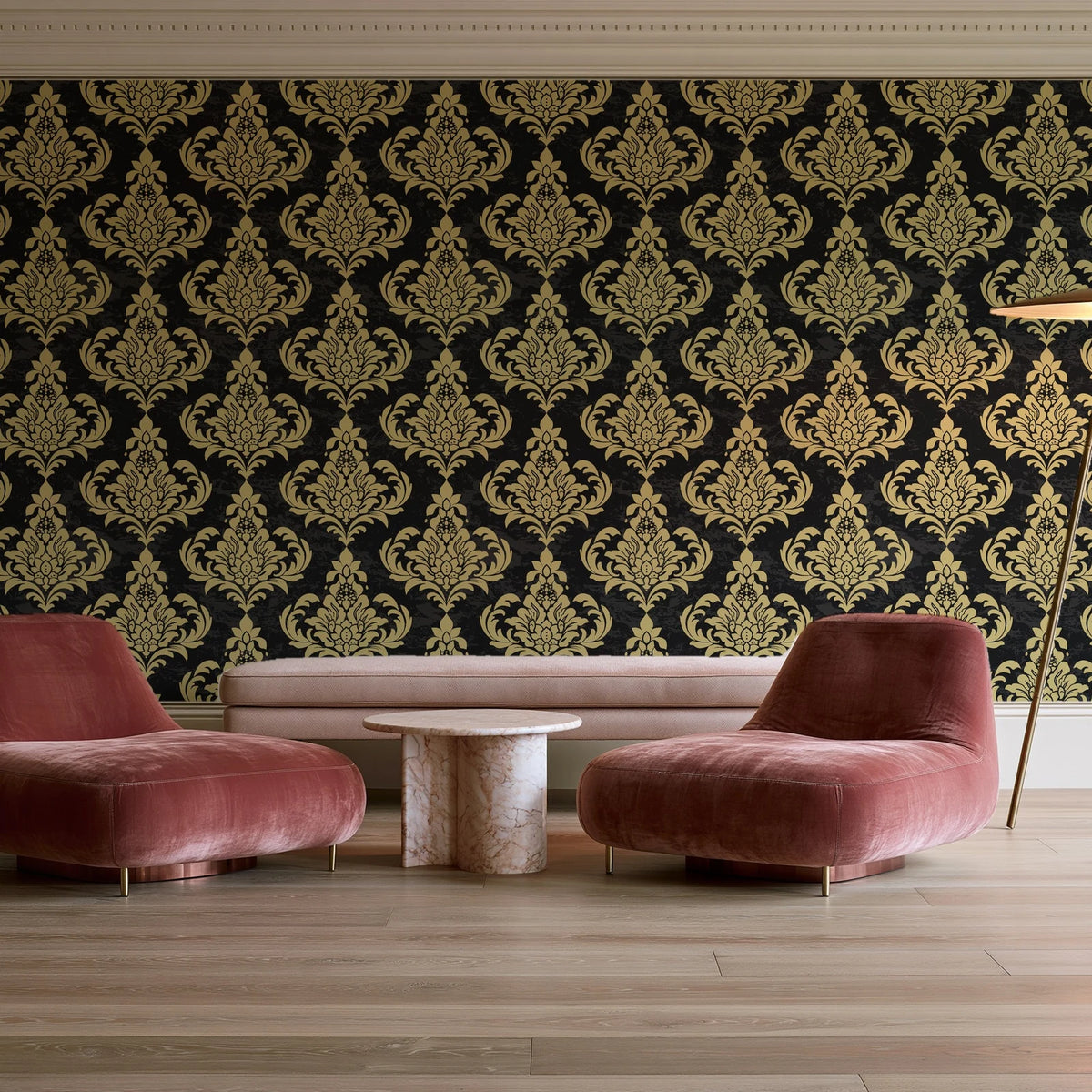 Antique Fern Mist Gilt distressed damask wallpaper in a boutique hotel sitting area