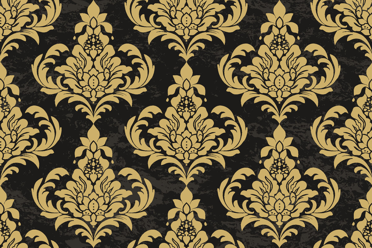 Antique Fern Mist Gilt distressed damask wallpaper in gold and black