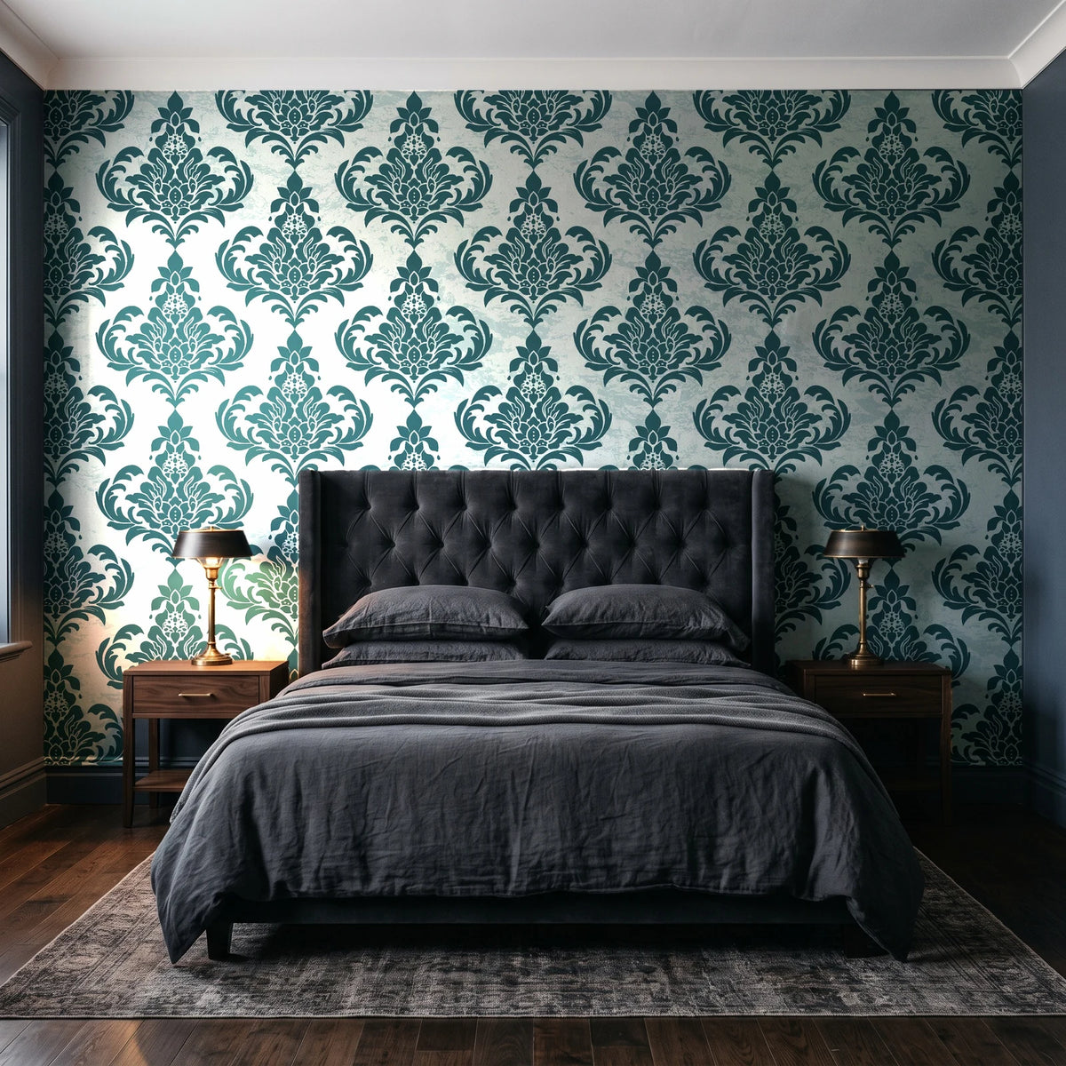 Antique Fern Mist Teal distressed damask wallpaper behind a tufted headboard in a dark, moody bedroom