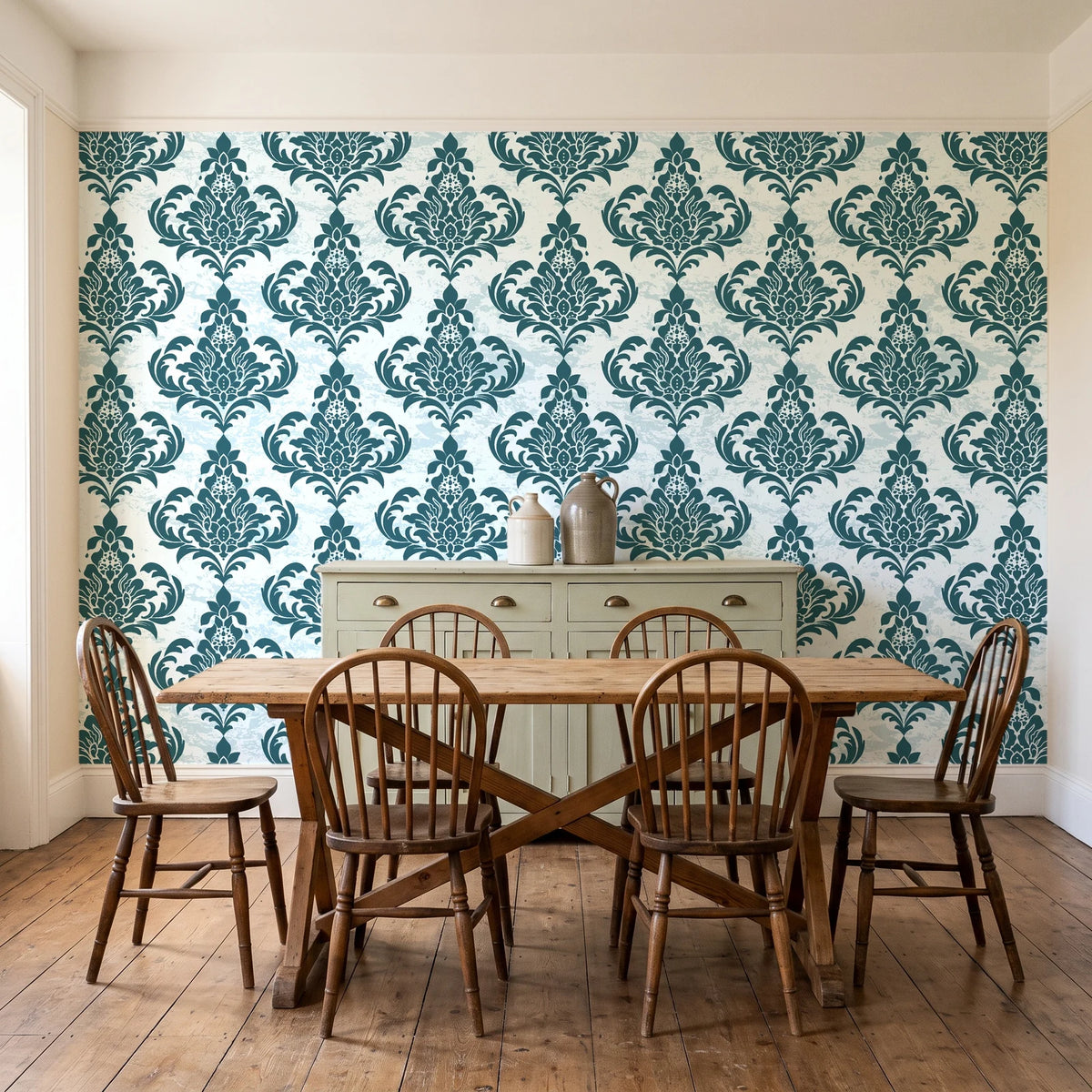 Antique Fern Mist Teal distressed damask wallpaper in a farmhouse dining room with a sage sideboard and rustic trestle table