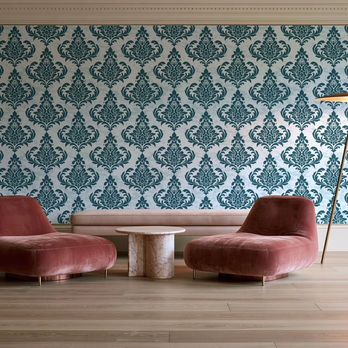 Antique Fern Mist Teal distressed damask wallpaper in a boutique hotel sitting area