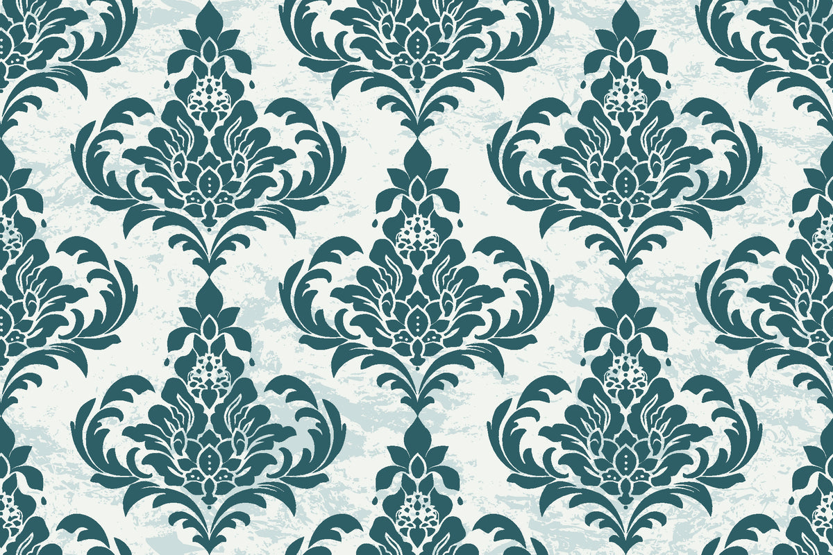 Antique Fern Mist Teal distressed damask wallpaper in teal and pearl