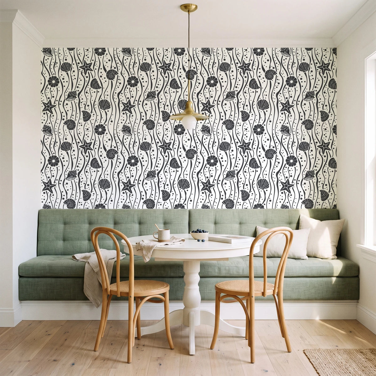 Apricot Tides Charcoal coastal seashell wallpaper as a feature wall in a sunlit breakfast nook