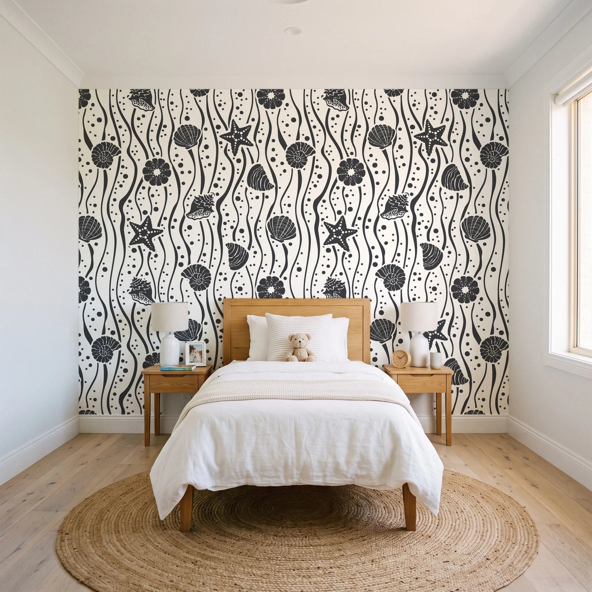 Apricot Tides Charcoal coastal seashell wallpaper in a bright, cheerful child's bedroom
