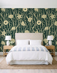 Apricot Tides Forest coastal seashell wallpaper behind a queen bed in a bright coastal bedroom