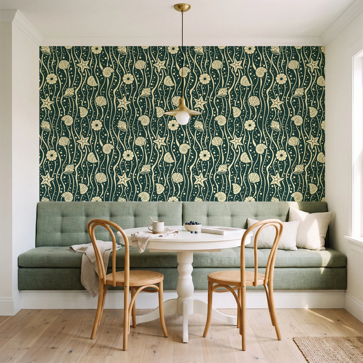 Apricot Tides Forest coastal seashell wallpaper as a feature wall in a sunlit breakfast nook