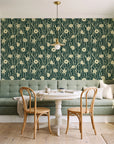 Apricot Tides Forest coastal seashell wallpaper as a feature wall in a sunlit breakfast nook