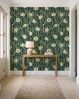 Apricot Tides Forest coastal seashell wallpaper behind a console table in a light entry hallway