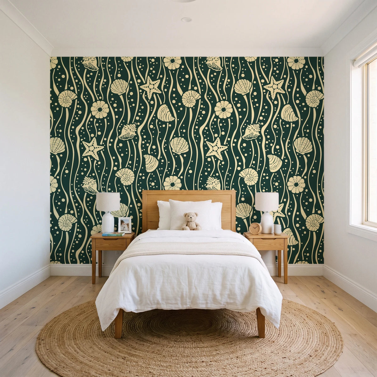 Apricot Tides Forest coastal seashell wallpaper in a bright, cheerful child's bedroom