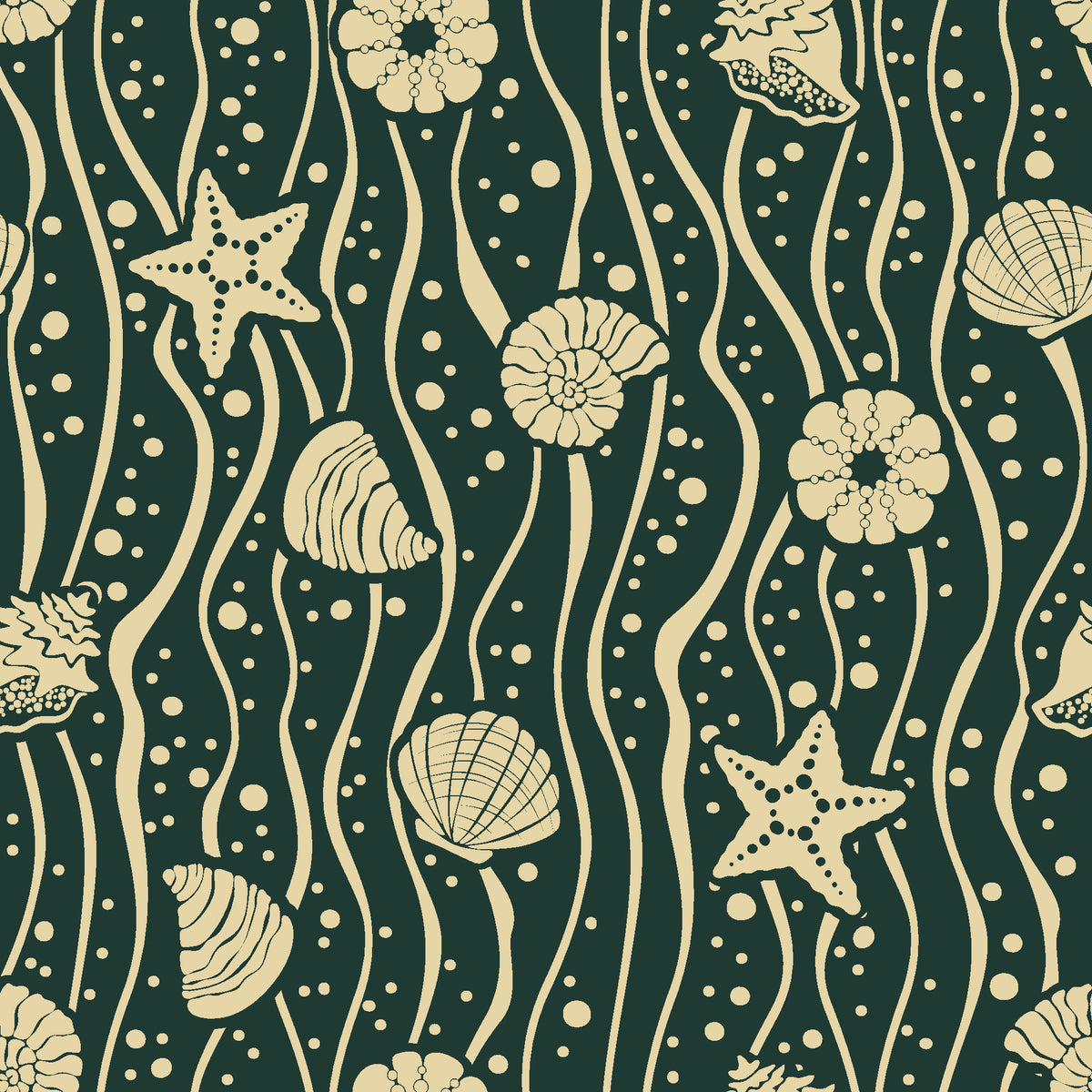 Apricot Tides Forest coastal seashell wallpaper in forest green and champagne