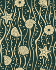 Apricot Tides Forest coastal seashell wallpaper in forest green and champagne