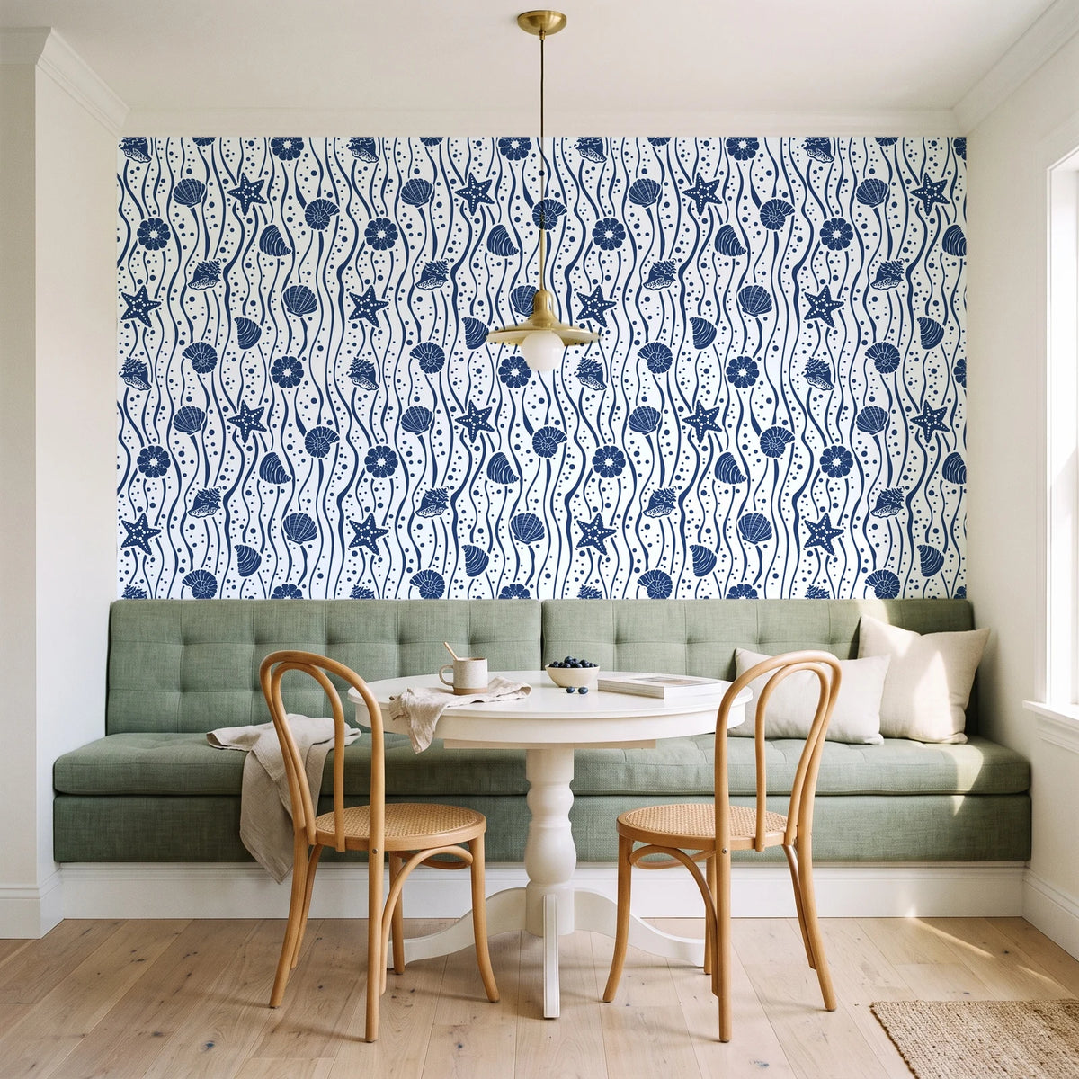 Apricot Tides Navy coastal seashell wallpaper as a feature wall in a sunlit breakfast nook