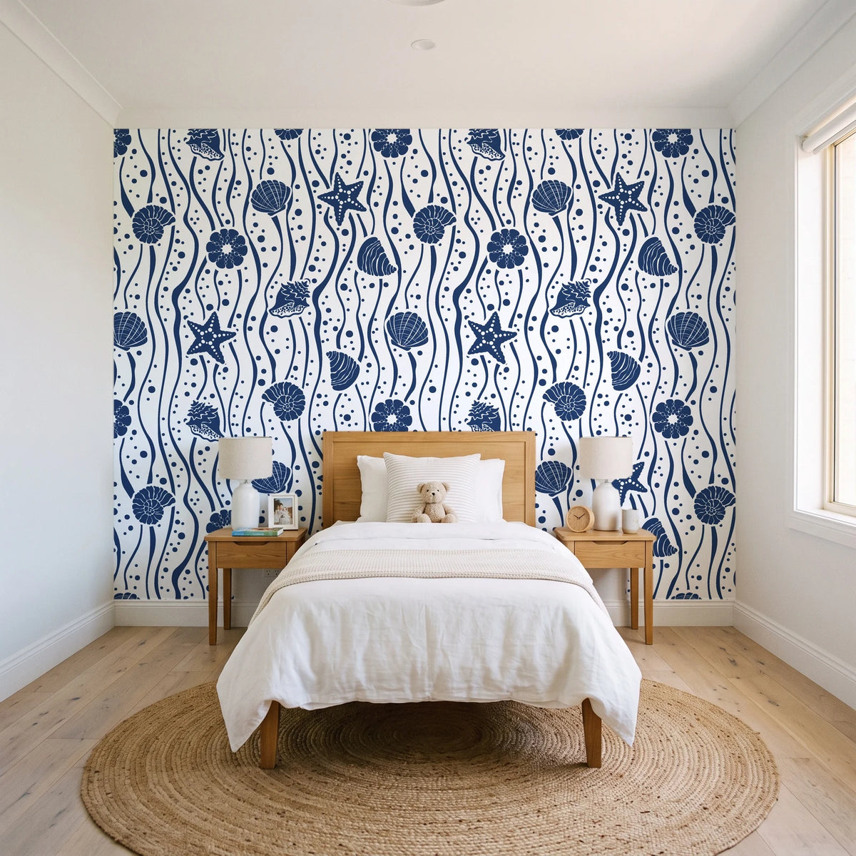 Apricot Tides Navy coastal seashell wallpaper in a bright, cheerful child's bedroom