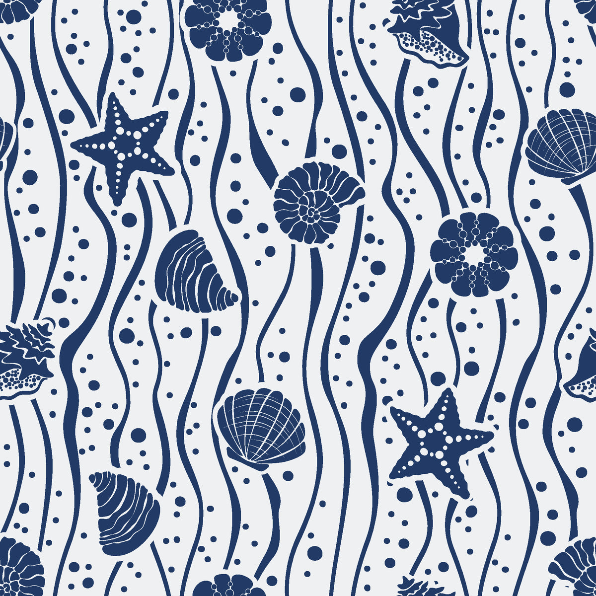 Apricot Tides Navy coastal seashell wallpaper in navy and pearl