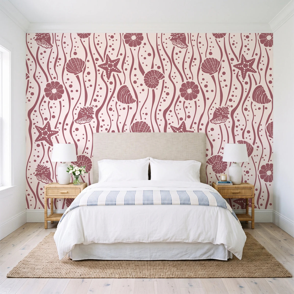 Apricot Tides Rosewood coastal seashell wallpaper behind a queen bed in a bright coastal bedroom