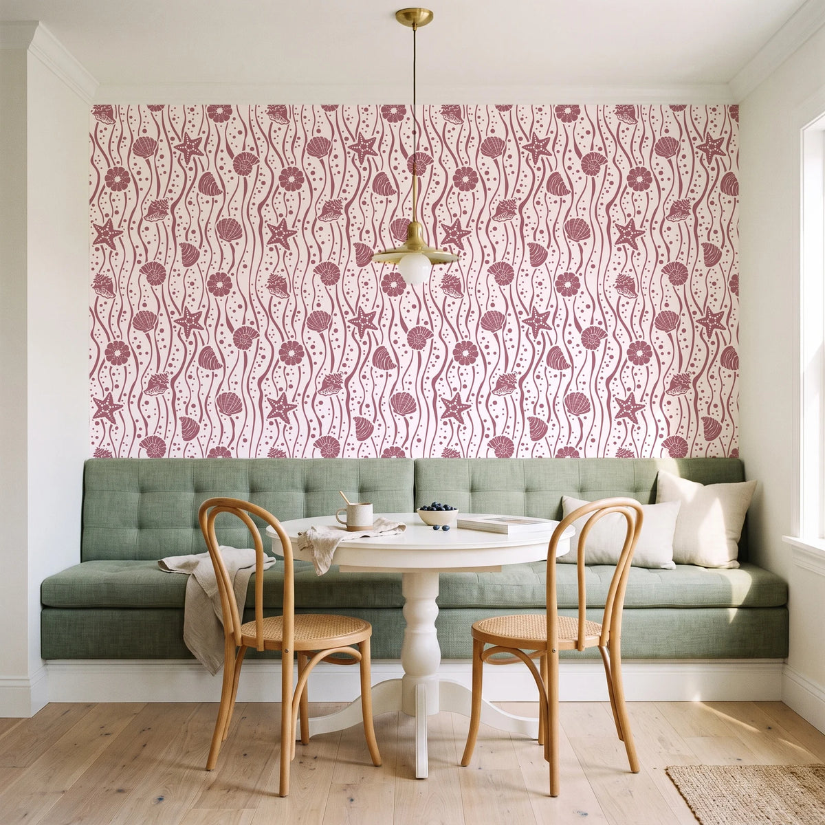 Apricot Tides Rosewood coastal seashell wallpaper as a feature wall in a sunlit breakfast nook