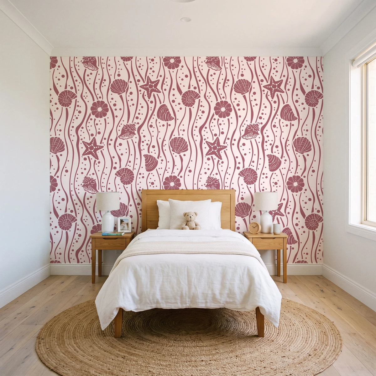 Apricot Tides Rosewood coastal seashell wallpaper in a bright, cheerful child's bedroom