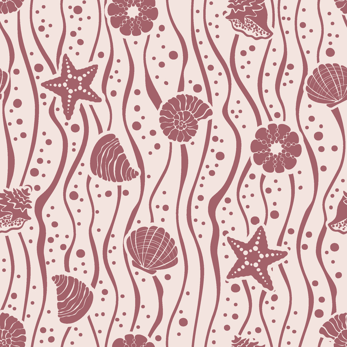 Apricot Tides Rosewood coastal seashell wallpaper in rosewood and blush