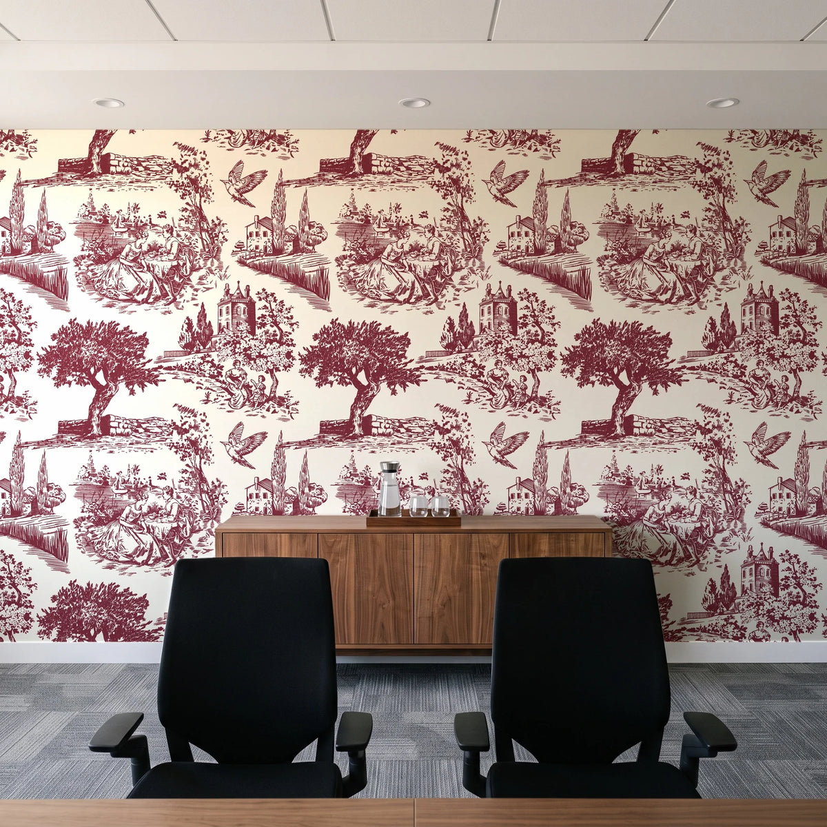 Arcadian Reverie Claret pastoral toile wallpaper above a walnut credenza in a modern conference room