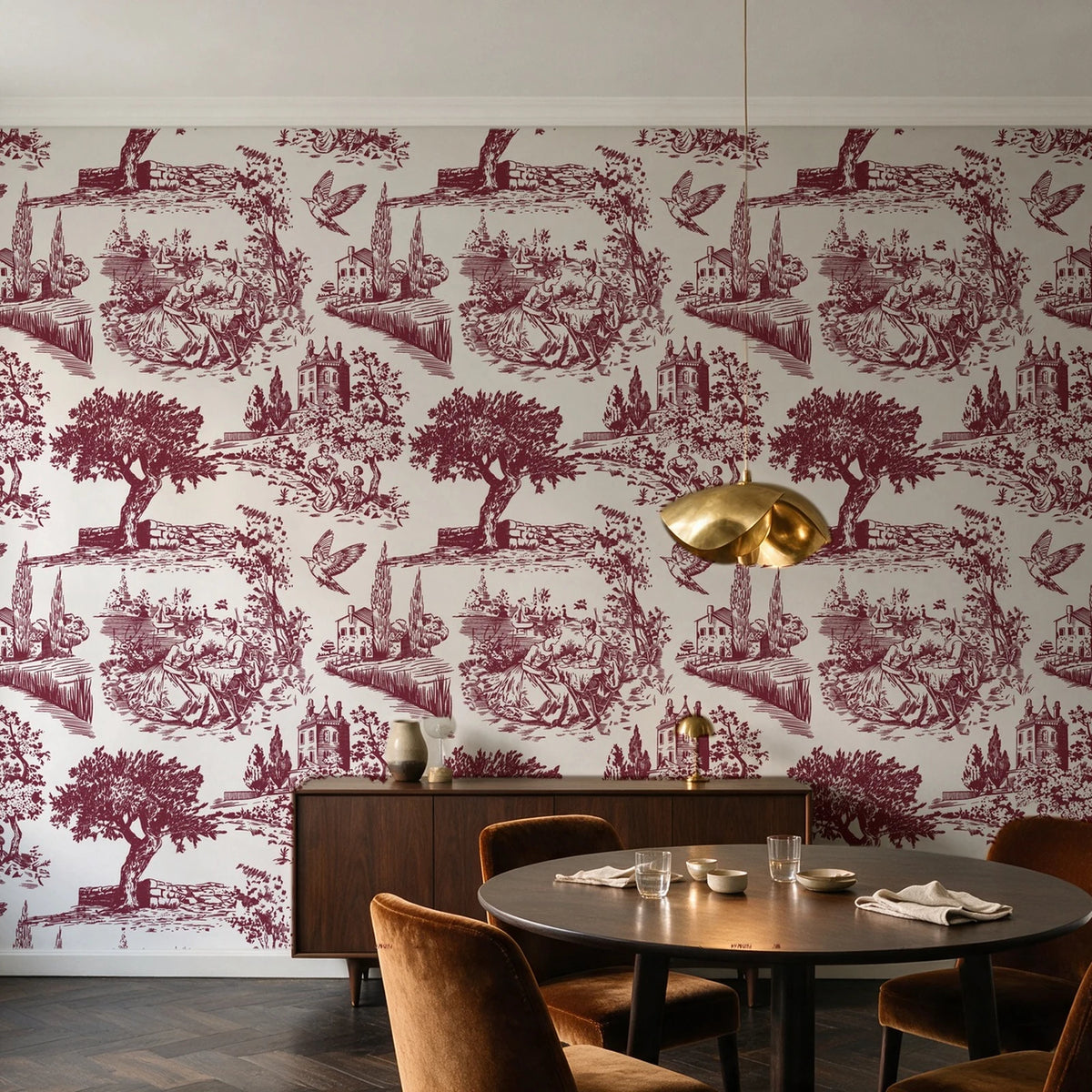 Arcadian Reverie Claret pastoral toile wallpaper in an elegant dining room