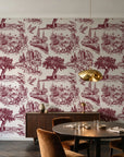 Arcadian Reverie Claret pastoral toile wallpaper in an elegant dining room