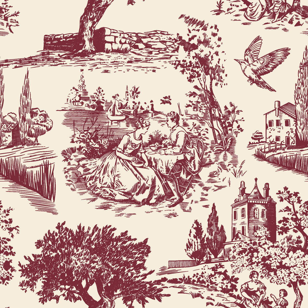 Arcadian Reverie Claret pastoral toile wallpaper in claret and cream