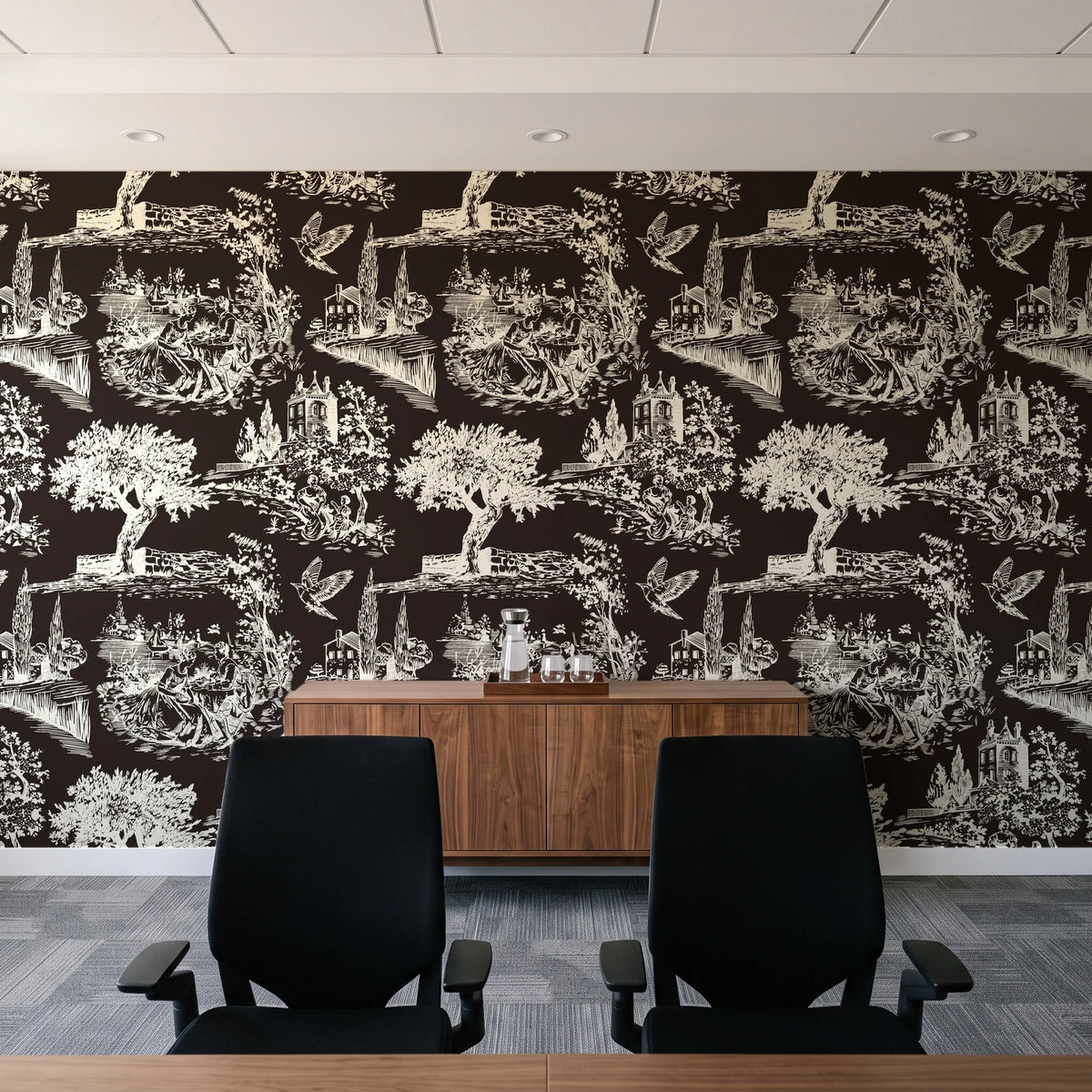 Arcadian Reverie Espresso pastoral toile wallpaper above a walnut credenza in a modern conference room