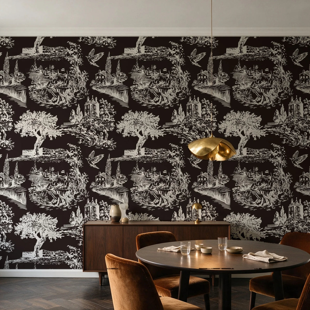 Arcadian Reverie Espresso pastoral toile wallpaper in an elegant dining room