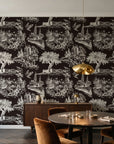 Arcadian Reverie Espresso pastoral toile wallpaper in an elegant dining room