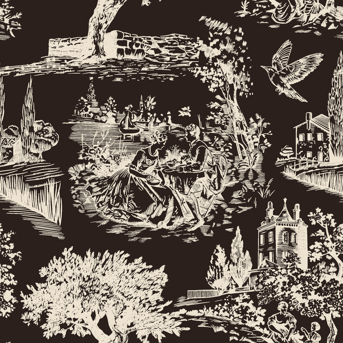 Arcadian Reverie Espresso pastoral toile wallpaper in espresso and ivory
