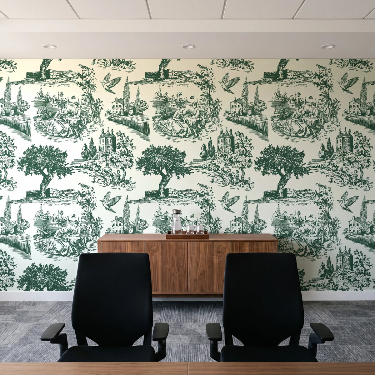 Arcadian Reverie Hunter pastoral toile wallpaper above a walnut credenza in a modern conference room