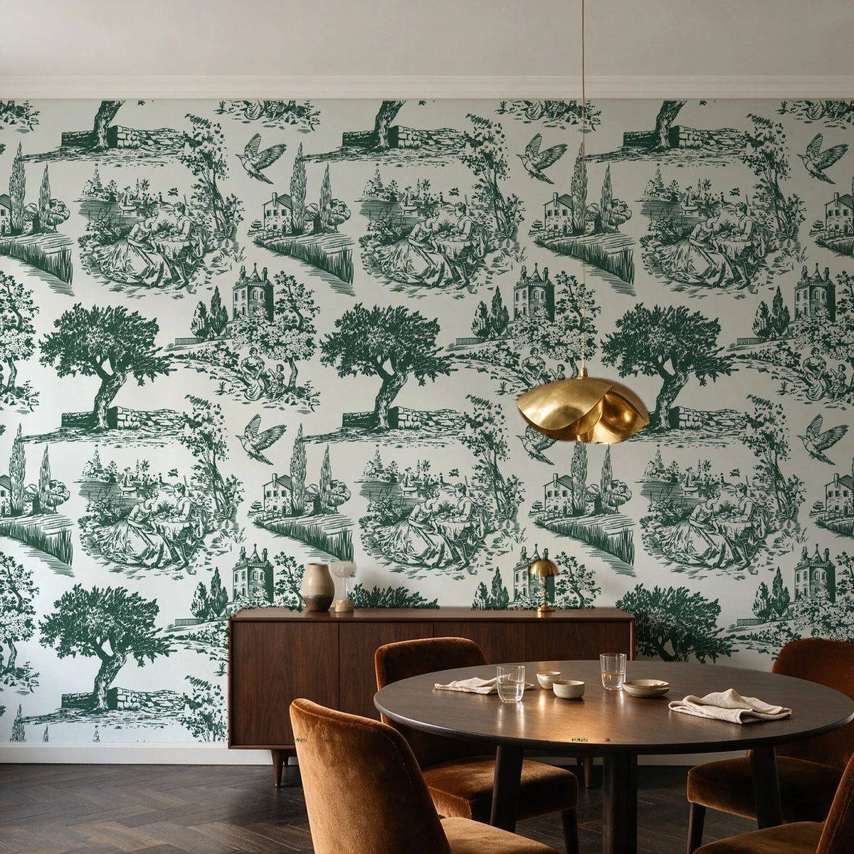 Arcadian Reverie Hunter pastoral toile wallpaper in an elegant dining room