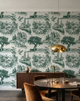 Arcadian Reverie Hunter pastoral toile wallpaper in an elegant dining room