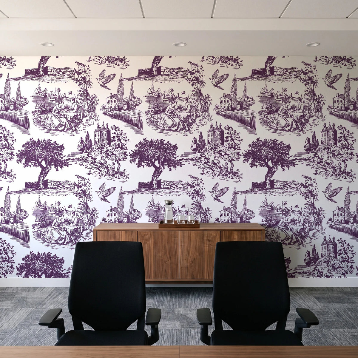 Arcadian Reverie Plum pastoral toile wallpaper above a walnut credenza in a modern conference room