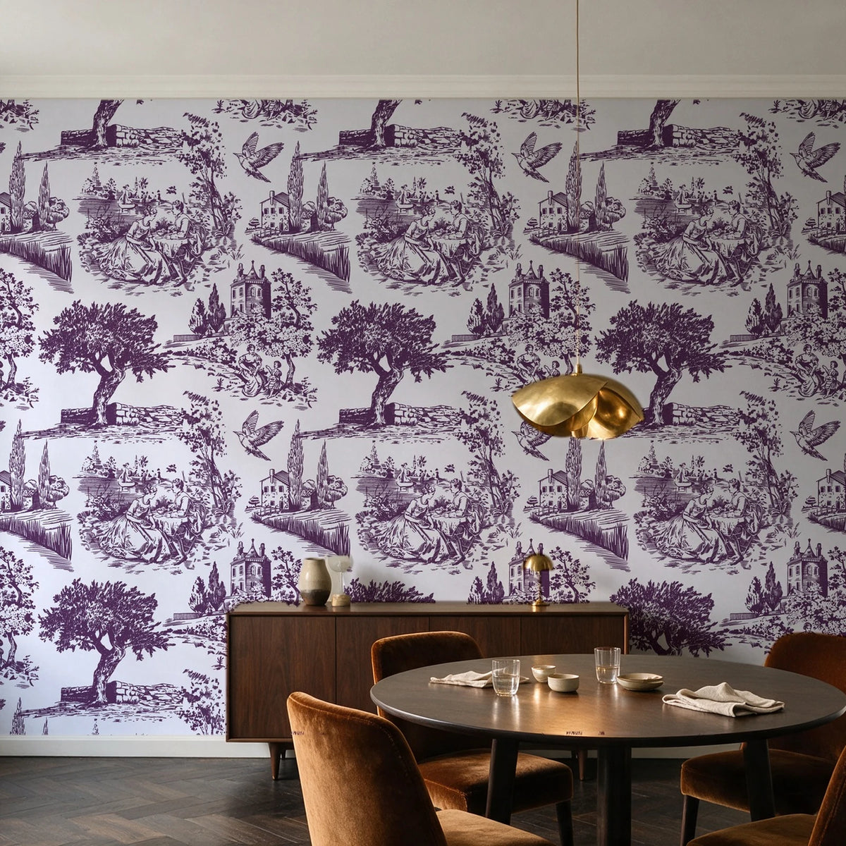 Arcadian Reverie Plum pastoral toile wallpaper in an elegant dining room