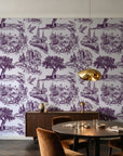 Arcadian Reverie Plum pastoral toile wallpaper in an elegant dining room