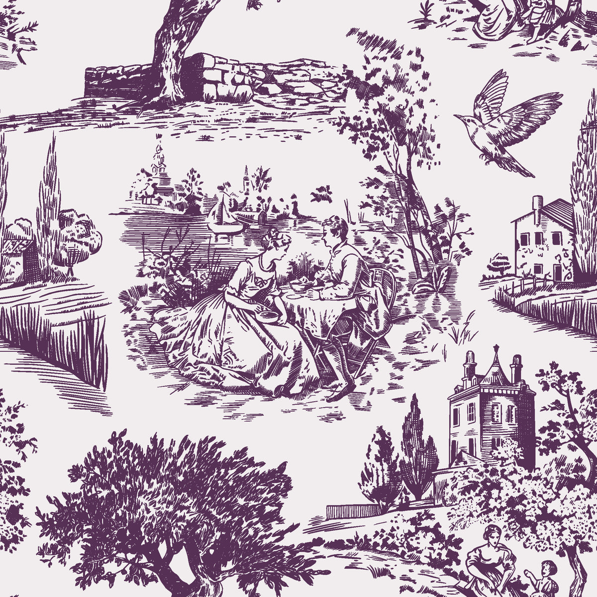 Arcadian Reverie Plum pastoral toile wallpaper in plum and pearl
