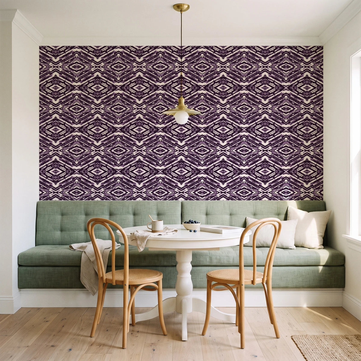 Arrows At Dawn Aubergine geometric diamond wallpaper as a feature wall in a sunlit breakfast nook