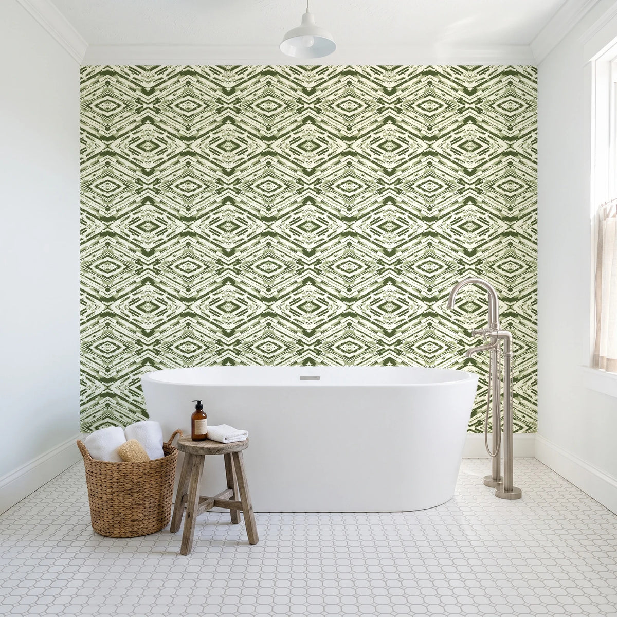 Arrows At Dawn Moss geometric diamond wallpaper behind a freestanding tub in a bright coastal bathroom