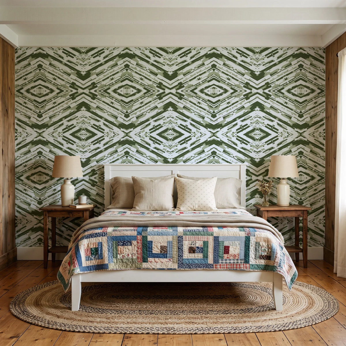 Arrows At Dawn Moss geometric diamond wallpaper behind a white cottage bed with a patchwork quilt in a cozy cottagecore bedroom